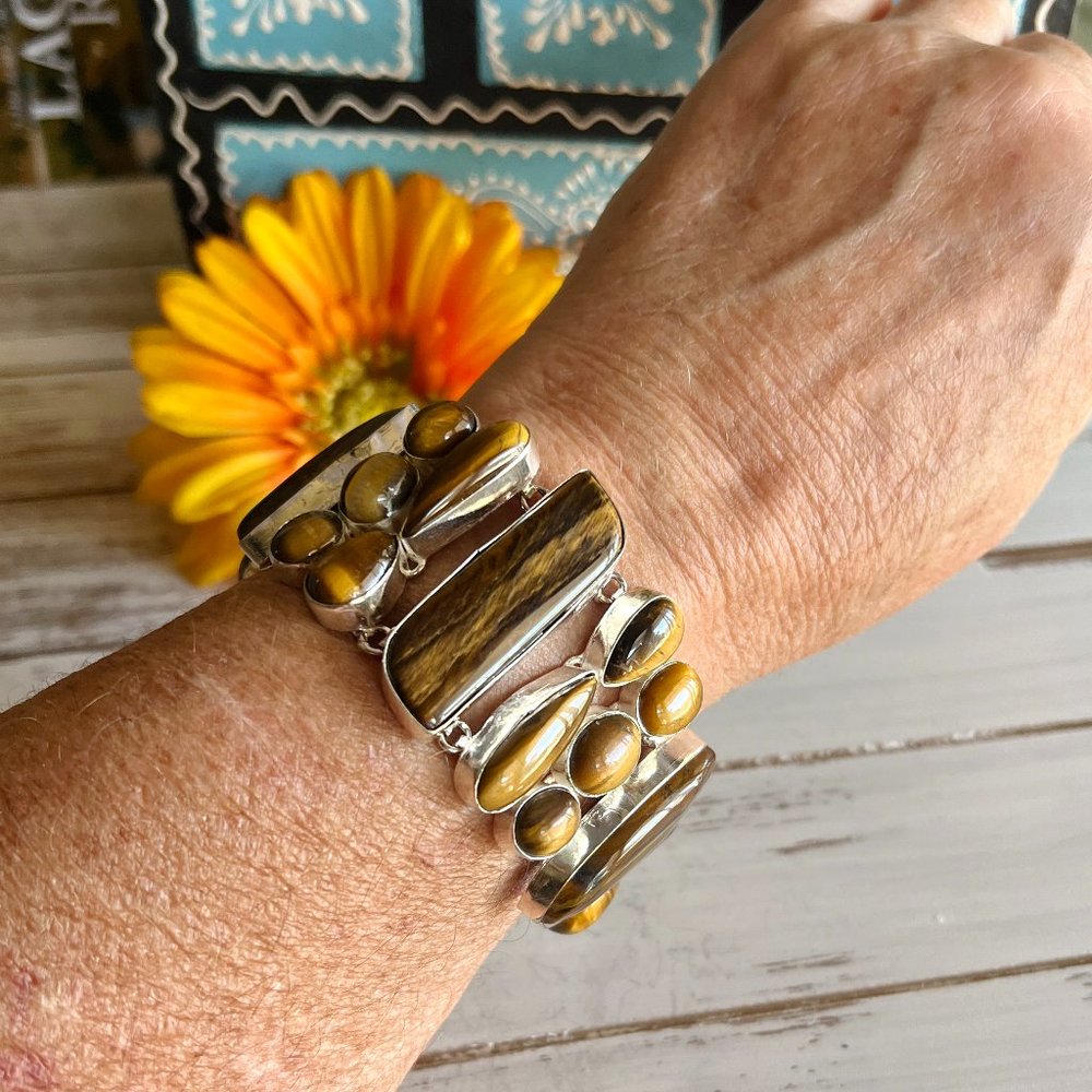 Tiger Eye Bracelet Handmade Gemstone Crystal 925 Silver Large Adjustable Ethnic - Picture 10 of 12